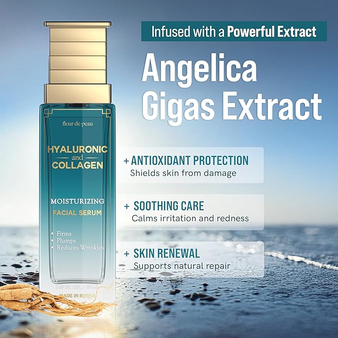 Fleur De Peau Hyaluronic Acid Serum For Face with Collagen - Dermatologist Tested, Anti-Aging, Ultra Hydrating, Firming, & Smoothing Korean Skin Care - 95% Natural, Clean Beauty, Vegan - 1.69 FL. Oz