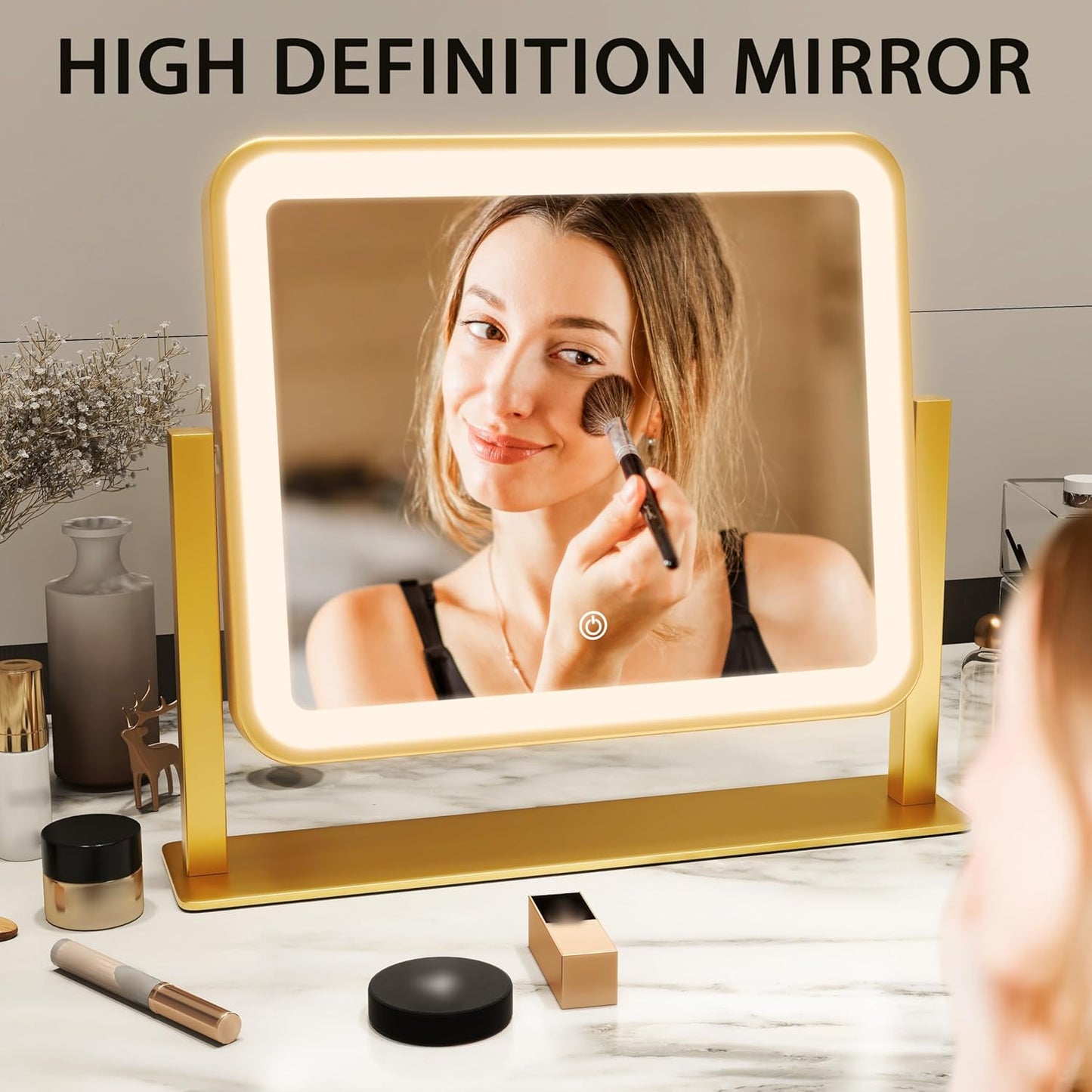 Gold Lighted Makeup Mirror, 14"x12" Vanity Mirror with Smart Touch Control, 3-Color Dimmable Lighting, 360° Rotation for Desk or Bedroom