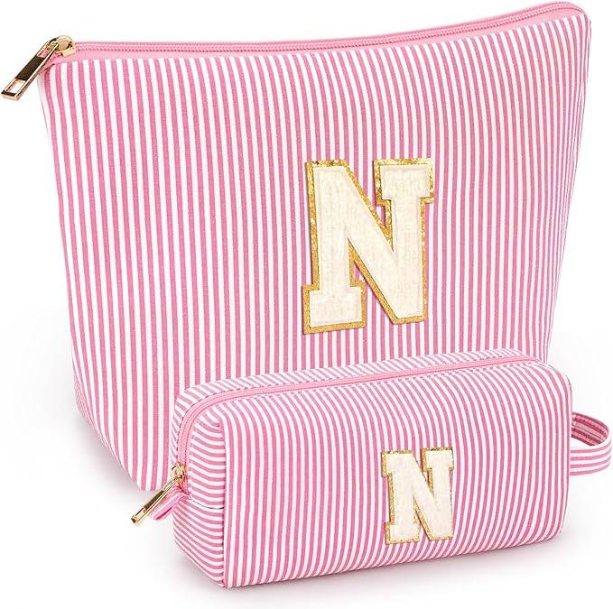 2 PCS Initial Makeup Bags for Women: Cosmetic Bag for Travel Toiletry - Birthday Gifts for 11 12 13 14 15 16 17 18 Years Old Girl Graduation Teacher Gift- Teen Girl Gifts Trendy Stuff - Pink N