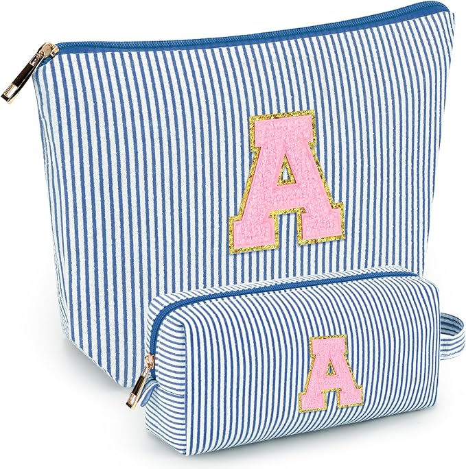 mibasies 2 PCS Initial Makeup Bags for Women: - Birthday Gifts for Teen Girls 11 12 13 14 15 16 Years Old - Preppy Trendy Stuff - Cosmetic Bag for Travel Toiletry - Blue A