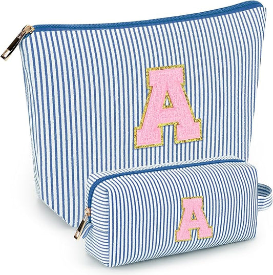 mibasies 2 PCS Initial Makeup Bags for Women: - Birthday Gifts for Teen Girls 11 12 13 14 15 16 Years Old - Preppy Trendy Stuff - Cosmetic Bag for Travel Toiletry - Blue A