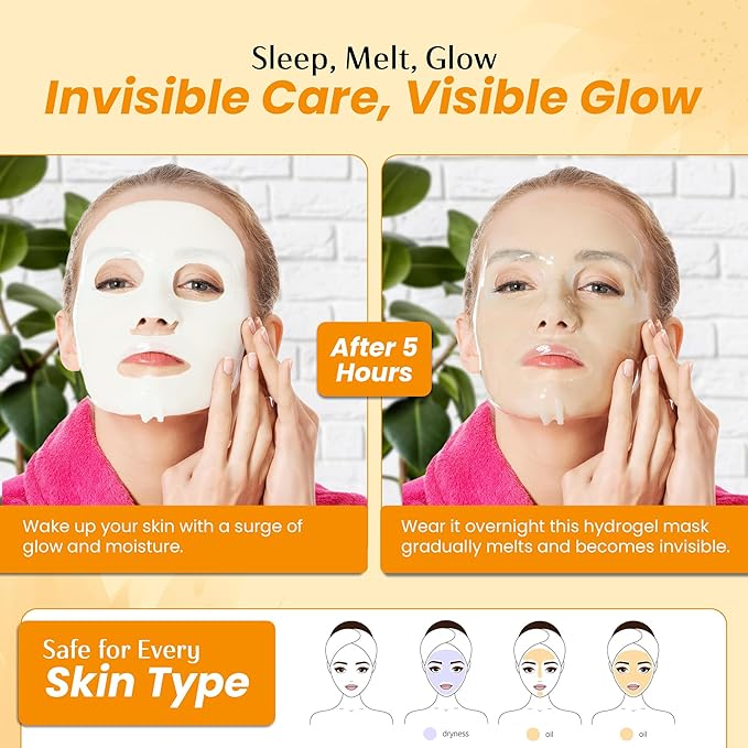 Vitamin C Face Mask – Overnight Hydrogel Care for Dark Spots, Fine Lines & Dry Skin – Dermatologist Tested, Anti-Aging, Korean Skin Care – Clean Beauty, Glass Skin Glow – Pack of 10