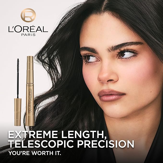 L'Oreal Paris Makeup Telescopic Original Lengthening, Lash Separating Mascara with Dual Precision Brush, Washable, Carbon Black, 0.27 Fl Oz., 2 Count