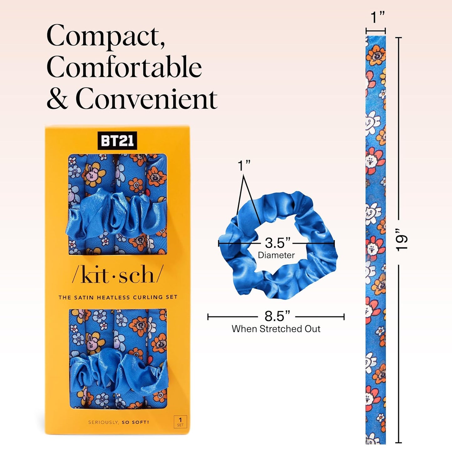 BT21 x Kitsch Satin Heatless Hair Curler Set - Heatless Curls Overnight, Hair Rollers for Soft Curls & Frizz-Free Styling, No Heat Curlers To Sleep in, Curling Rod Headband for Overnight Curl - BT21