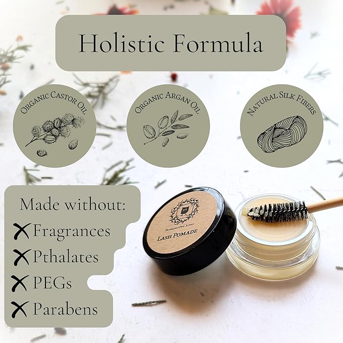 Mascara Alternative | Lash Pomade | Long-Lasting Lash Health | Natural Eyelash Growth Serum with Organic Castor Oil & Argan Oil | Increases Length & Volume | Natural Silk Fibers