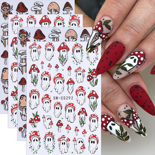 Halloween Mushroom Nail Stickers, 3D Self-Adhesive Cute Halloween Nail Decals Ghost Mushroom Nail Design Stickers Holiday Nail Decorations Nail Art for Women DIY Manicure Accessories 4PCS