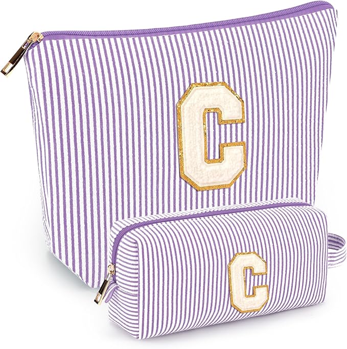 2 PCS Initial Makeup Bags for Women: Cosmetic Bag for Travel Toiletry - Birthday Gifts for 11 12 13 14 15 16 17 18 Years Old Girl Graduation Teacher Gift- Teen Girl Gifts Trendy Stuff - Purple C