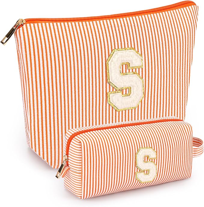 2 PCS Initial Makeup Bags for Women: Cosmetic Bag for Travel Toiletry - Birthday Gifts for 11 12 13 14 15 16 17 18 Years Old Girl Graduation Teacher Gift- Teen Girl Gifts Trendy Stuff - Orange S