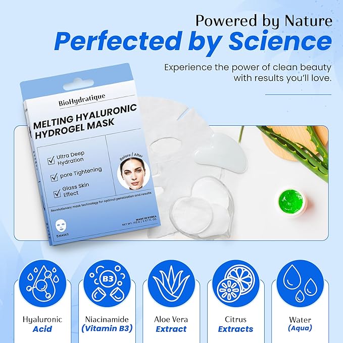 Melting Hydrogel Face Mask with Hyaluronic Acid – Deep Hydration & Pore Tightening, Glass Skin Look – Dermatologist Tested, Anti Aging Korean Skin Care, Vegan, Clean Beauty – Pack of 5