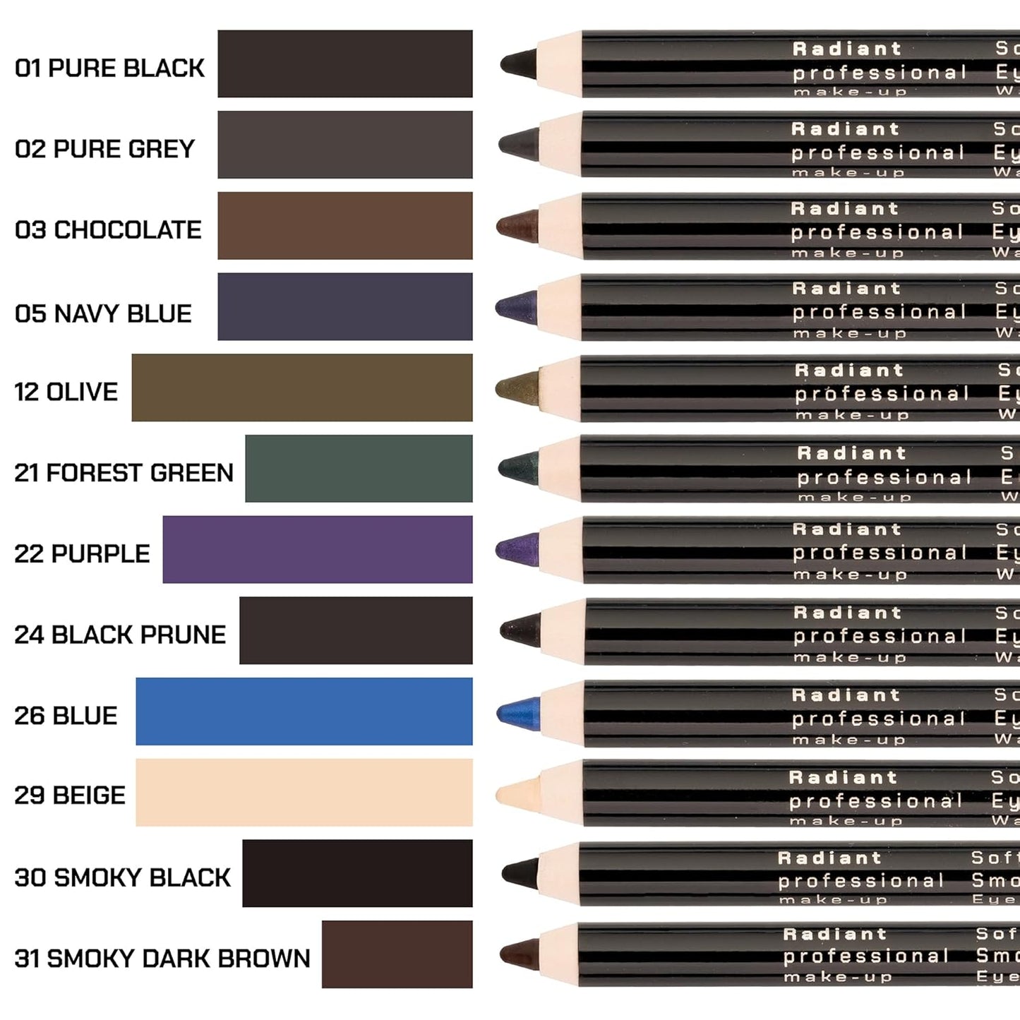 Radiant Professional Black Waterproof Eyeliner Pencil - Eyeliner Waterproof Smudge Proof - Long Lasting Under Eye Pencil for Smoky Eye - Soft Waterline Eye liner Smudger Tool, Smoky Black (30)
