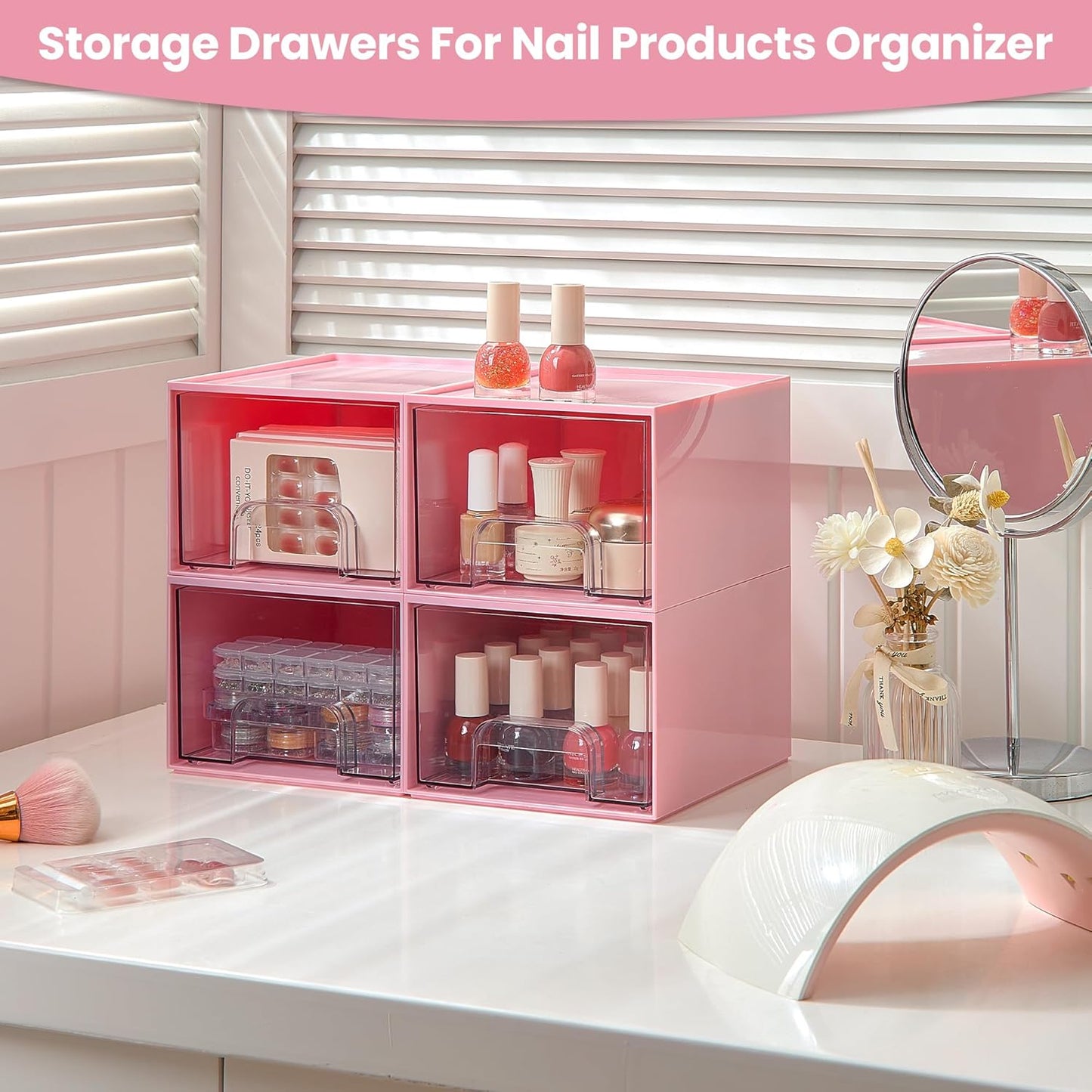 Vtopmart 4Pack Stackable Storage Drawers, 4.4'' Tall Bathroom Makeup Organizer,Plastic Storage Bins For Vanity, Undersink, Kitchen Cabinet, Pantry, Home Organization(Pink)