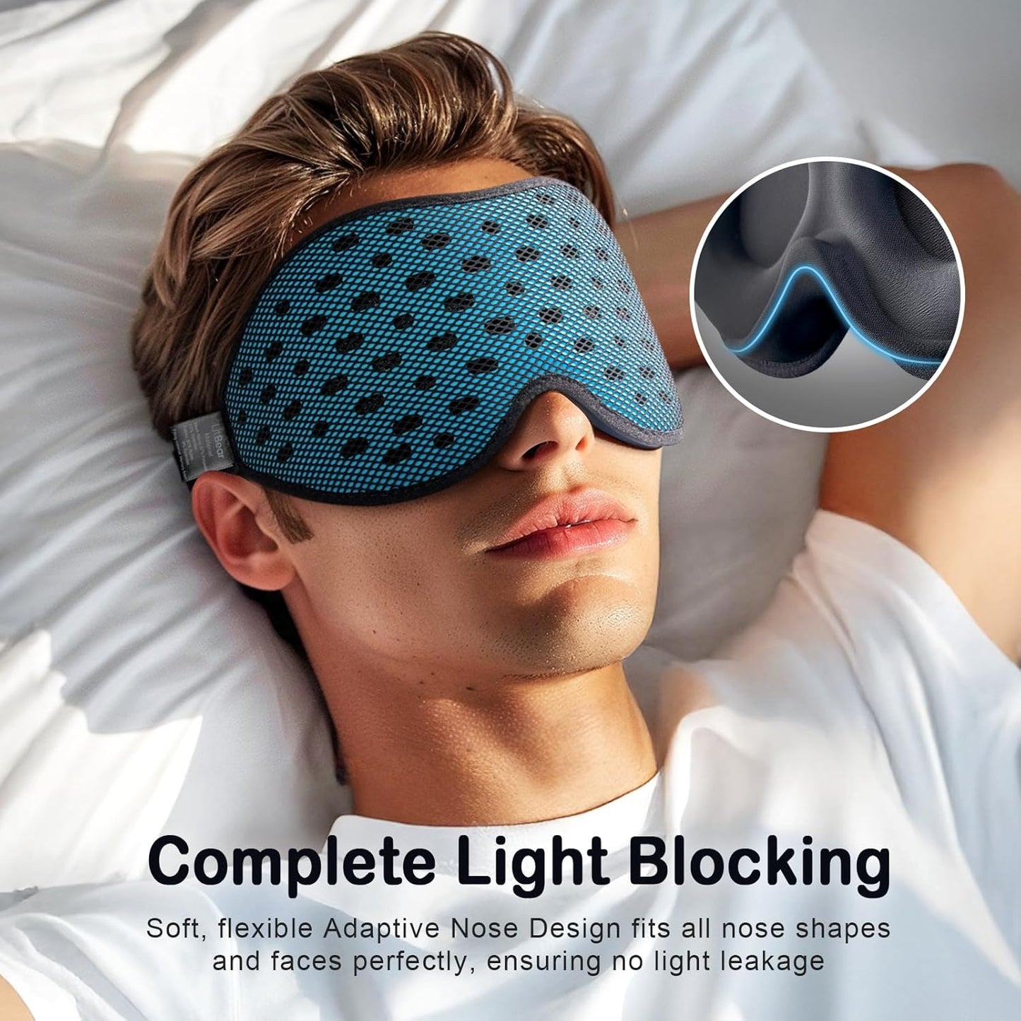 LitBear Breathable Sleep Mask, 3D Eye Mak Sleep for Side Sleepers Women Men, Light Blocking Sleeping Mask with Adjustable Strap, Soft Lightweight Eye Cover for Travel, Night Work, Nap, Office - Blue