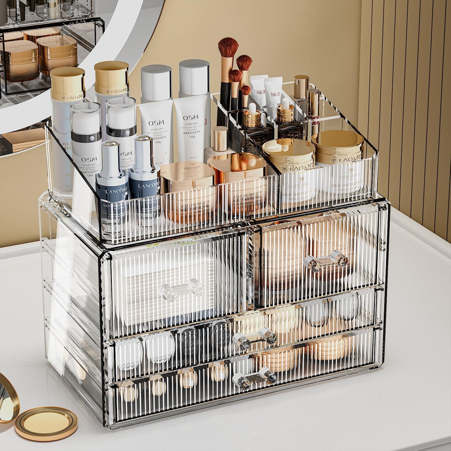 ZHIAI Stackable Storage Drawers, Acrylic Bathroom Counter Organizer Clear Makeup Organizers for Vanity, Kitchen Cabinets, Bathroom, Undersink, Home Organization and Storage (1 Top 4 Drawers D)