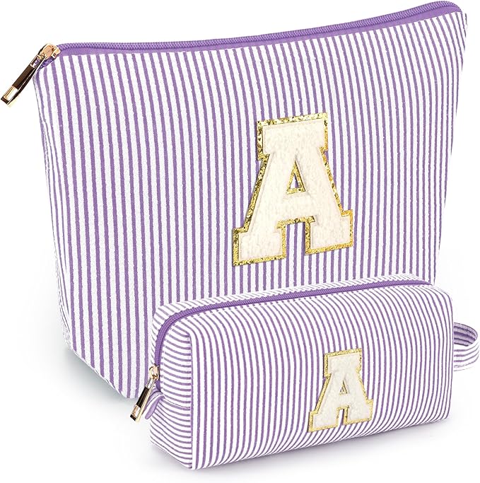 2 PCS Initial Makeup Bags for Women: Cosmetic Bag for Travel Toiletry - Birthday Gifts for 11 12 13 14 15 16 17 18 Years Old Girl Graduation Teacher Gift- Teen Girl Gifts Trendy Stuff - Purple A