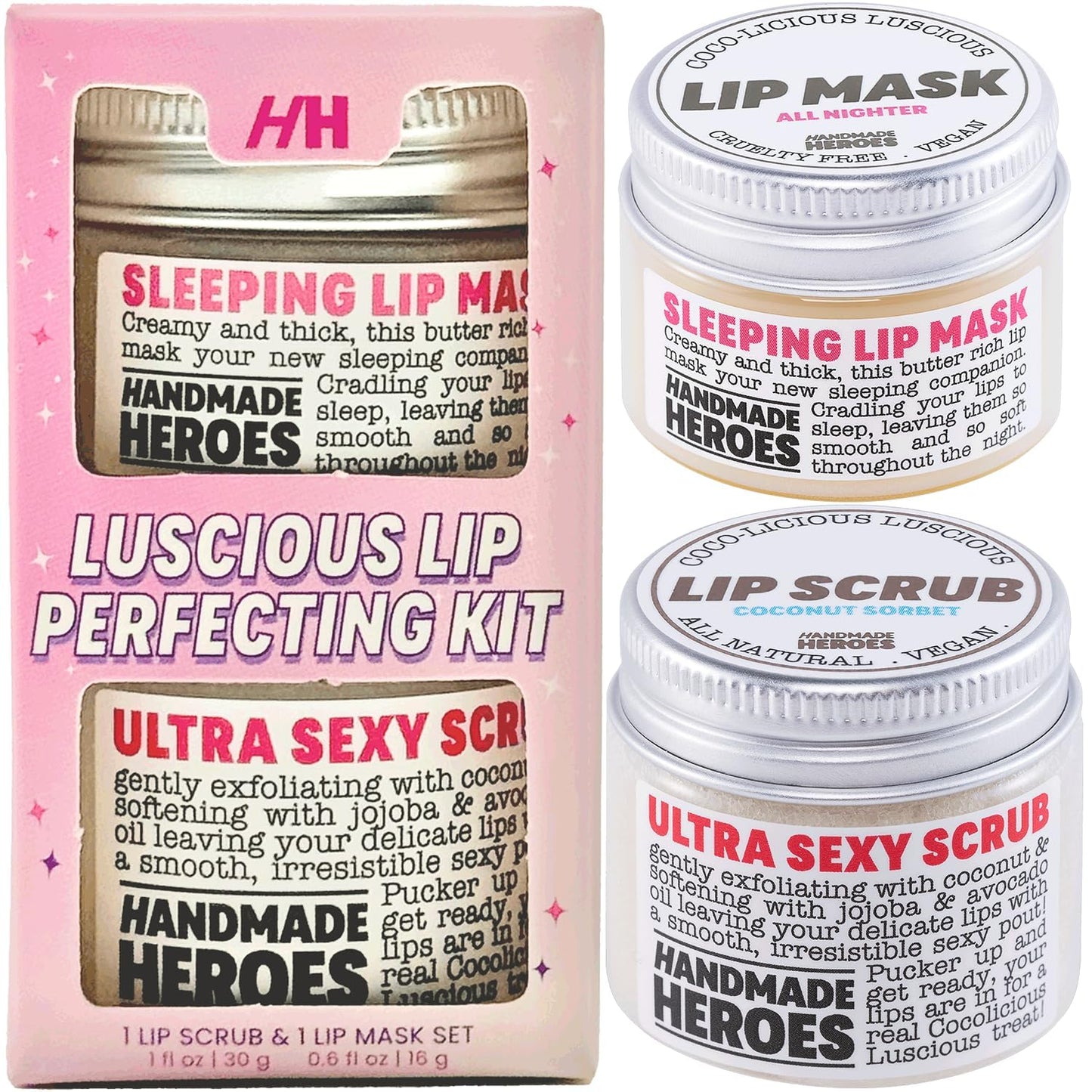 Handmade Heroes 100% Natural Coconut Lip Exfoliator & Lip Mask Gift Set - Gentle Exfoliant Sugar Lip Polish & Moisturizer for Chapped & Dry Lips