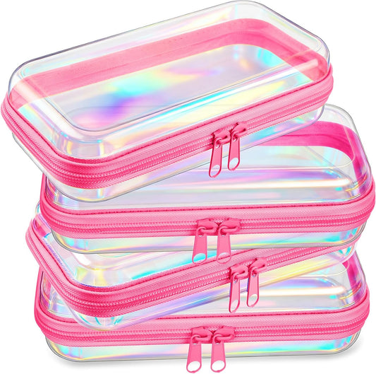 Hoolerry 4 Pcs Hard Clear Zipper Case Makeup Bags Plastic Pencil Pouch Transparent Storage Box Containers for Cosmetics, Snacks, Building Blocks, Puzzles(Pink Laser,7.5 x 3.9 x 2 in)
