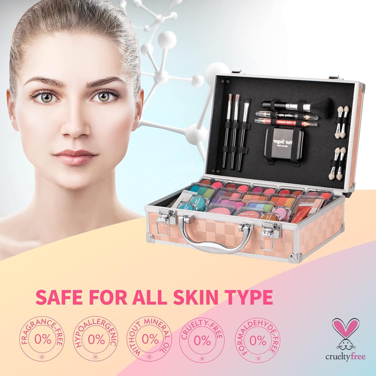 Hot Sugar Makeup Kit for Teenager Girls - Full Starter Cosmetics Set with Eye Shadow Lip Balm Blush Lip Gloss Brush Lip Pencil Eye Pencil and Mirror (Gold Check)