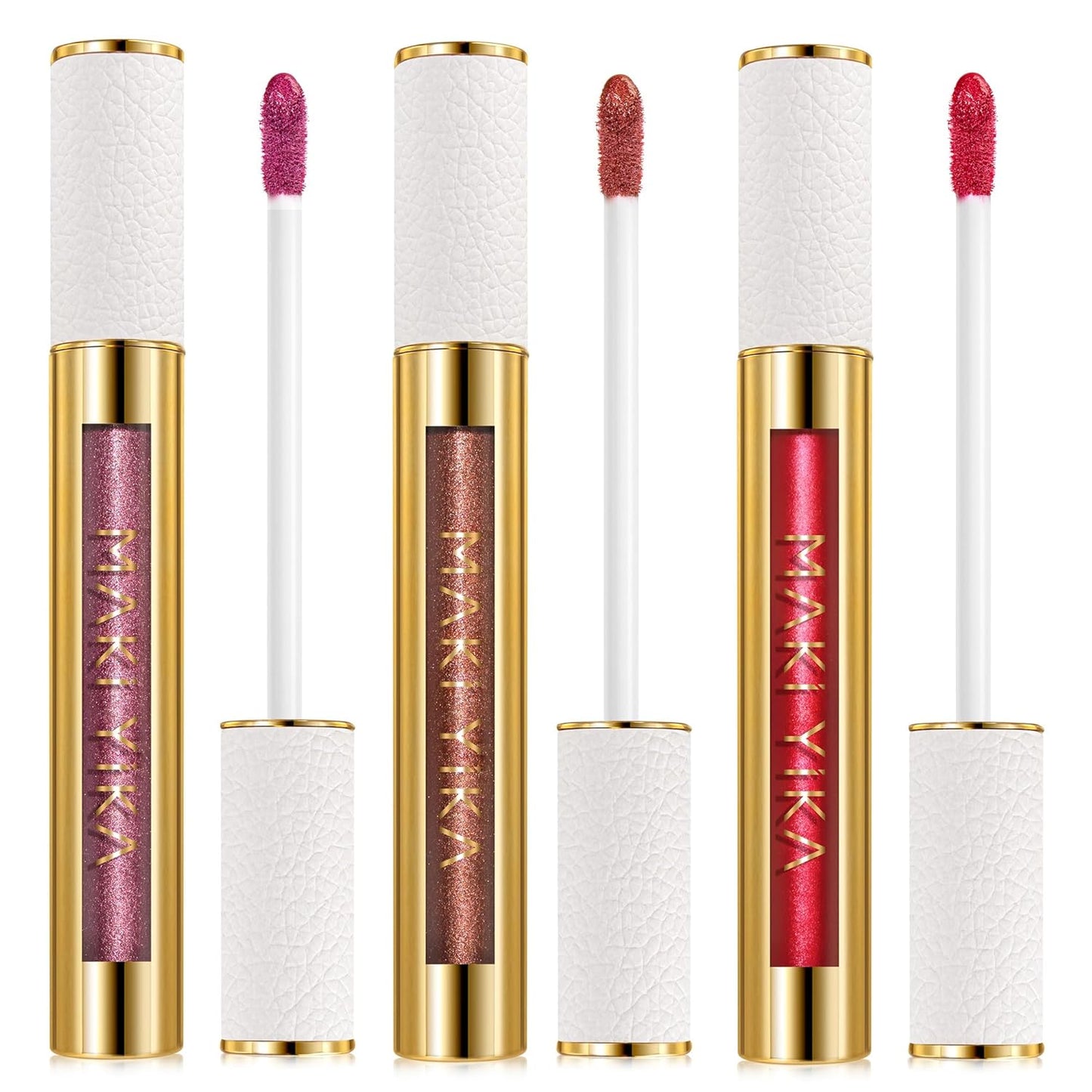 MAKI YIKA 3Pc Metallic Lipstick Long Lasting Pink Brown Red Glitter Lipsticks High Shine Lipstick No Smudge No Transfer Liquid Lip Gloss (Pink/Brown/Red)