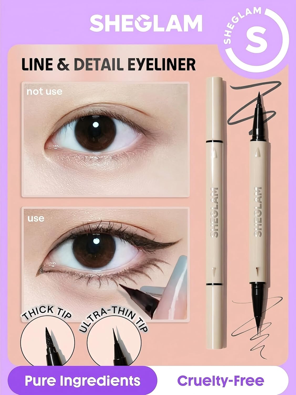 SHEGLAM Multi-Tasker Line & Detail Eyeliner Pen-Black 2 In 1 Waterproof Double Head Liquid Eyeliner Pencil