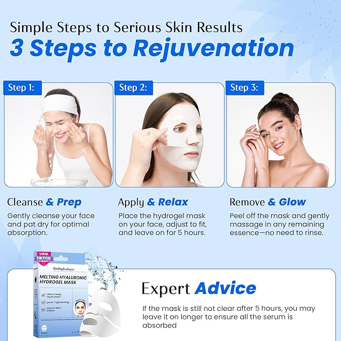 Melting Hydrogel Face Mask with Hyaluronic Acid – Deep Hydration & Pore Tightening, Glass Skin Look – Dermatologist Tested, Anti Aging Korean Skin Care, Vegan, Clean Beauty – Pack of 5