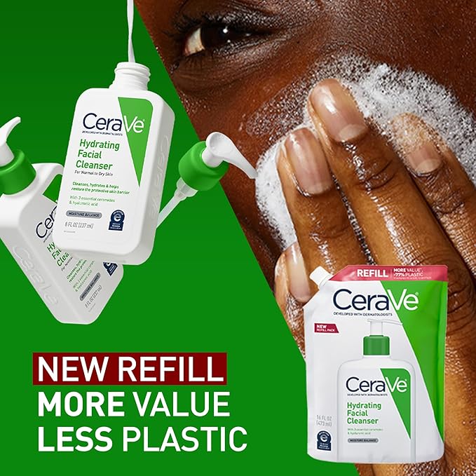 CeraVe Hydrating Facial Cleanser, Moisturizing Face Wash For Dry Skin, Hyaluronic Acid + Ceramides + Glycerin, Hydrating Cleanser For Normal To Dry Skin, 16 Ounce Refill