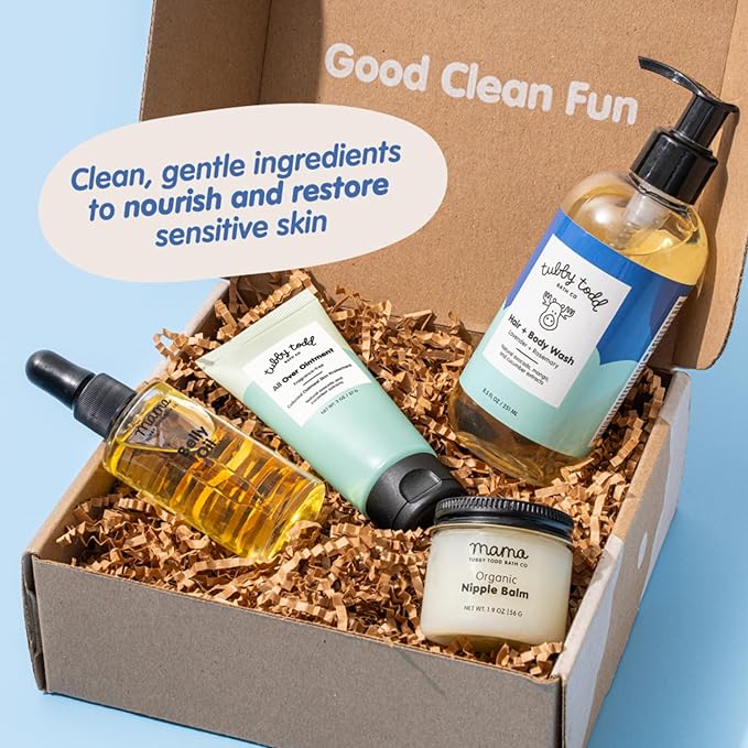 Tubby Todd New Baby & Mom Sensitive Skincare Kit - The Mama + Baby Gift Set - Baby Shampoo and Body Wash, All Over Ointment, Belly Oil & Nipple Balm - Standard Size Lavender Rosemary