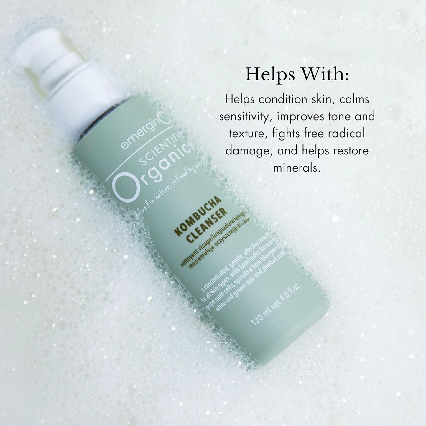 emerginC Scientific Organics Kombucha Cleanser - Nutrient Powerhouse Face Wash with Aloe Vera + Plant Stem Cells to Help Visibly Improve Skin Tone + Texture (4 oz, 120 ml)