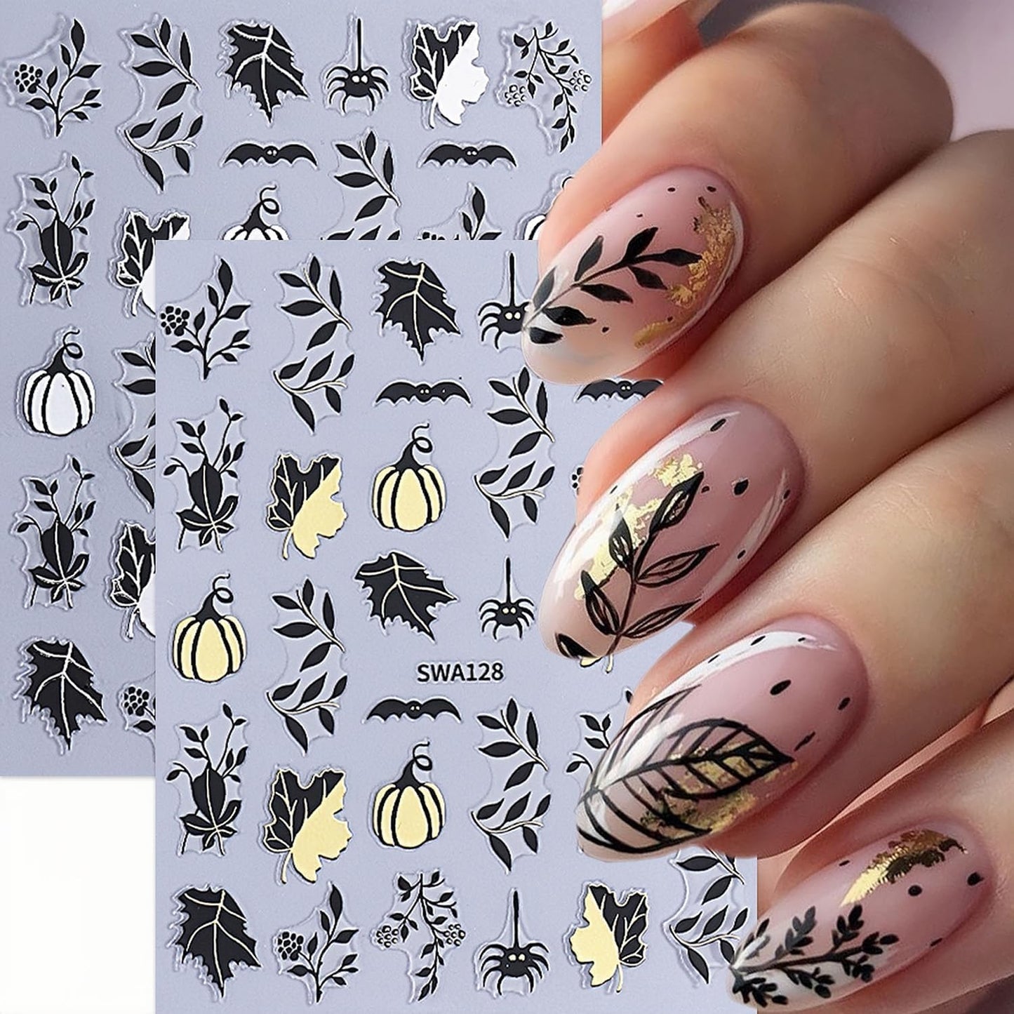 Halloween Nail Stickers Nail Decals Pumpkins Nail Decals 3D Self-Adhesive Autumn Maple Leaf Cute Ghost Pattern Design Sticker Decoration for Women DIY Holiday Party Nails Supplies 8 Sheets