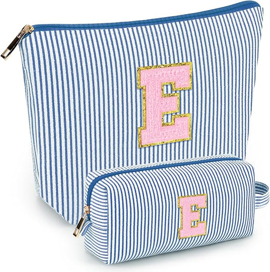 mibasies 2 PCS Initial Makeup Bags for Women: - Birthday Gifts for Teen Girls 11 12 13 14 15 16 Years Old - Preppy Trendy Stuff - Cosmetic Bag for Travel Toiletry - Blue E