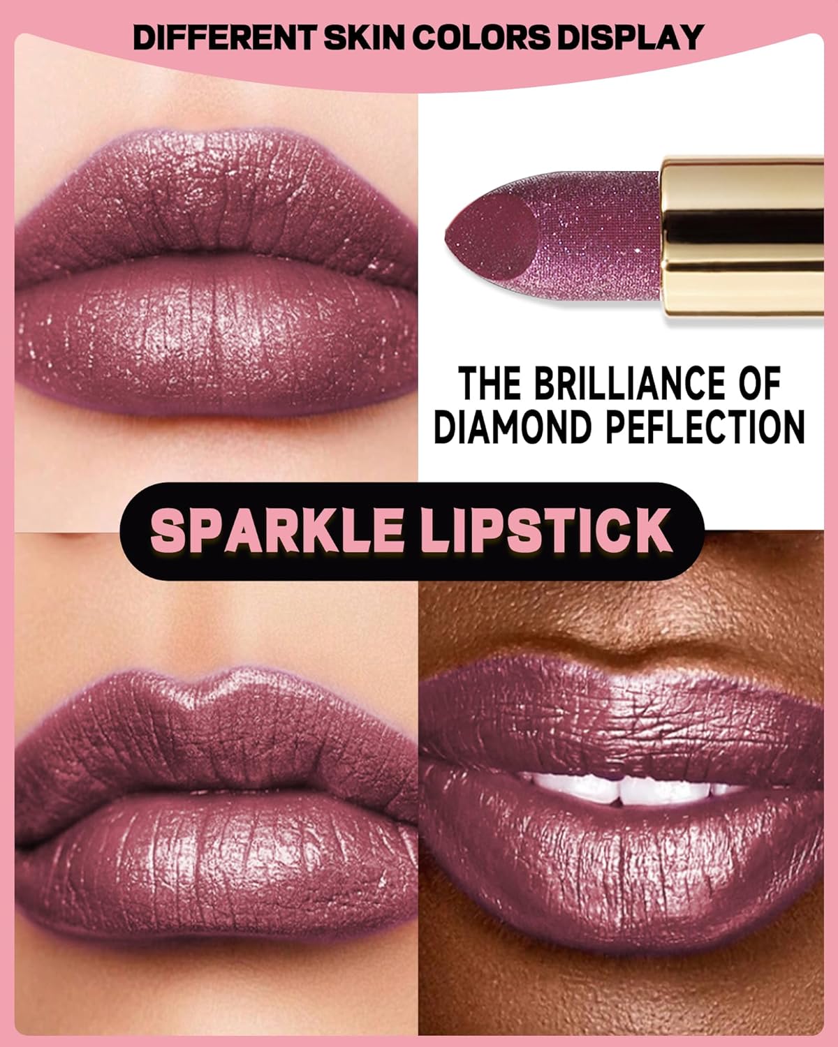 Glitter Metallic Shimmer Lipstick Long Lasting,Glitter Diamond Shine Red Color Matte Lipstick Transfer Proof Non-Stick Lip Gloss Shimmer Highly Pigmented Full Coverage Lip Makeup for Women-06