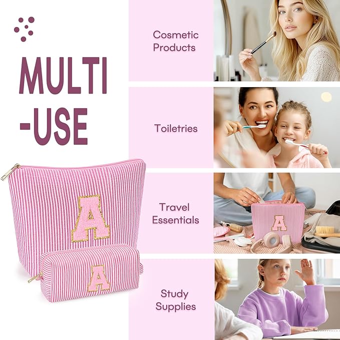 mibasies 2 PCS Initial Makeup Bags for Women: - Birthday Gifts for Teen Girls 11 12 13 14 15 16 Years Old - Preppy Trendy Stuff - Cosmetic Bag for Travel Toiletry - Pink A
