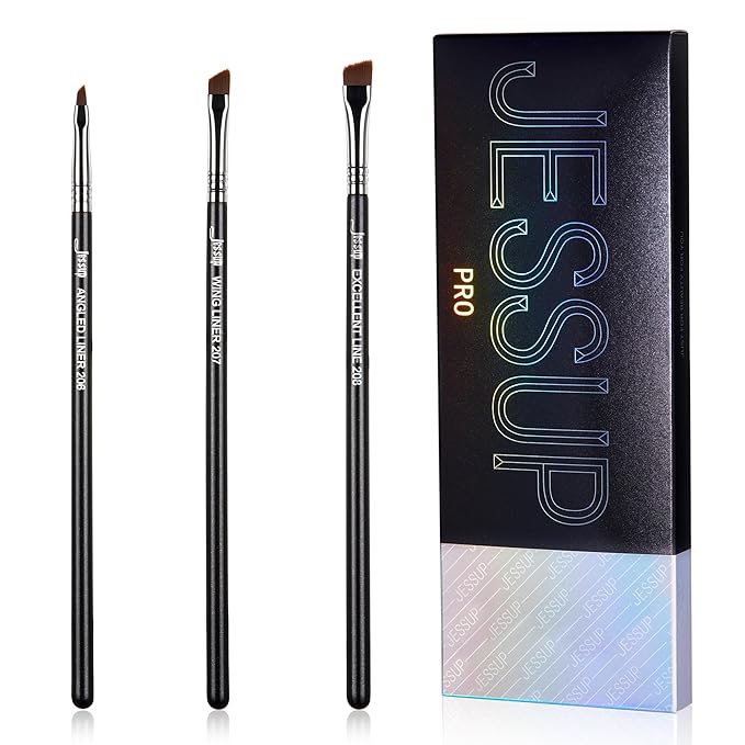 Jessup Angled Eyeliner Brush Set，3pcs Pro Precision Eye Liner Brush Fine Winged Ultra Thin Slanted Gel Liquid EyeLiner Makeup Brushes, Black T345