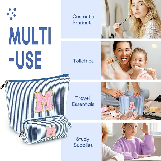 mibasies 2 PCS Initial Makeup Bags for Women: - Birthday Gifts for Teen Girls 11 12 13 14 15 16 Years Old - Preppy Trendy Stuff - Cosmetic Bag for Travel Toiletry - Blue M