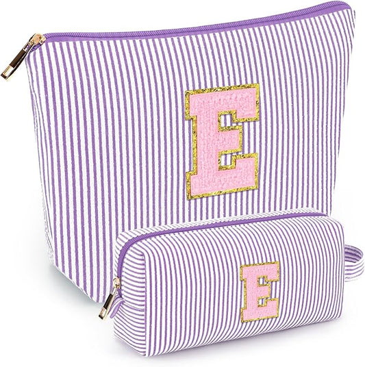 mibasies 2 PCS Initial Makeup Bags for Women: - Birthday Gifts for Teen Girls 11 12 13 14 15 16 Years Old - Preppy Trendy Stuff - Cosmetic Bag for Travel Toiletry - Purple E