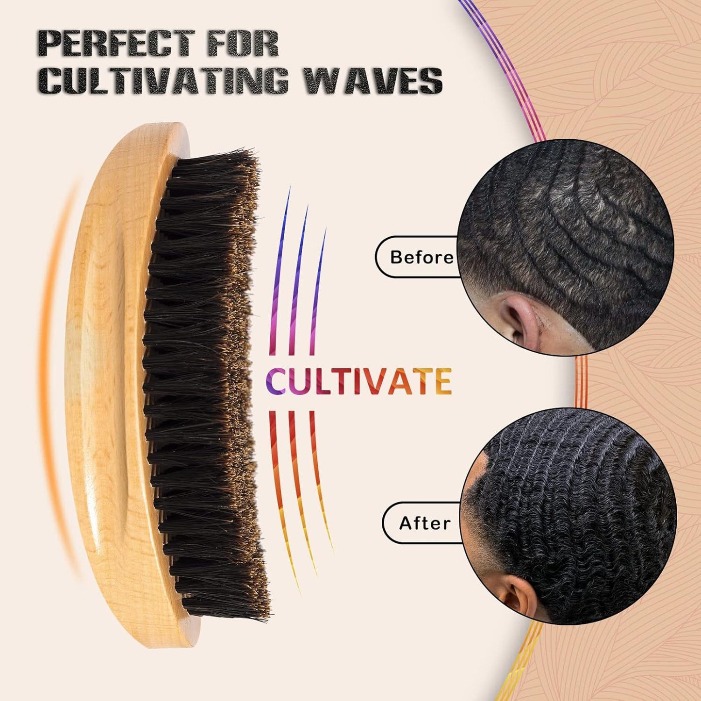 Wave Brush for Men - Beech Wood & Black Boar Bristle Brush for Cultivating Beards, Hair Waves, and Wolfing