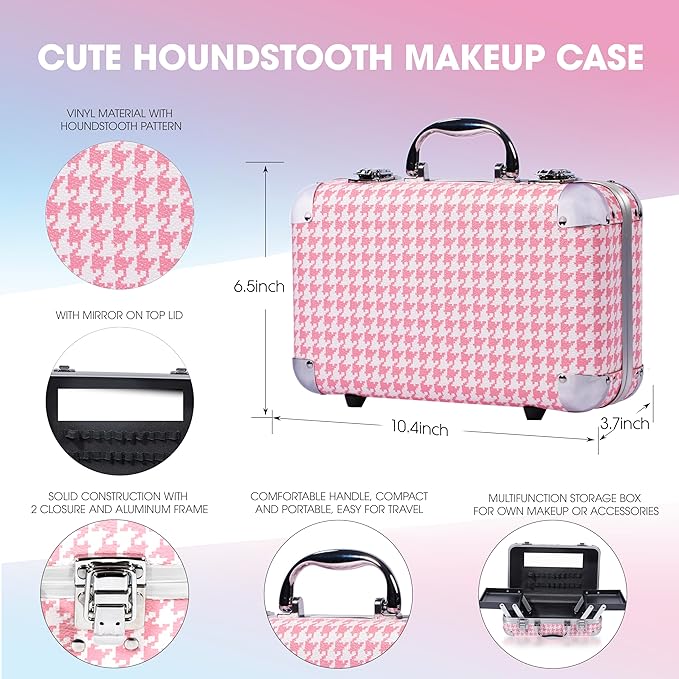 Hot Sugar All In One Makeup Set for Adults and Girls-Full Makeup Kit for Beginners Includes Eye Shadow Palette Blush Lip Gloss Lipstick Lip Pencil Eye Pencil Brush Mirror (Pink Houndstooth)