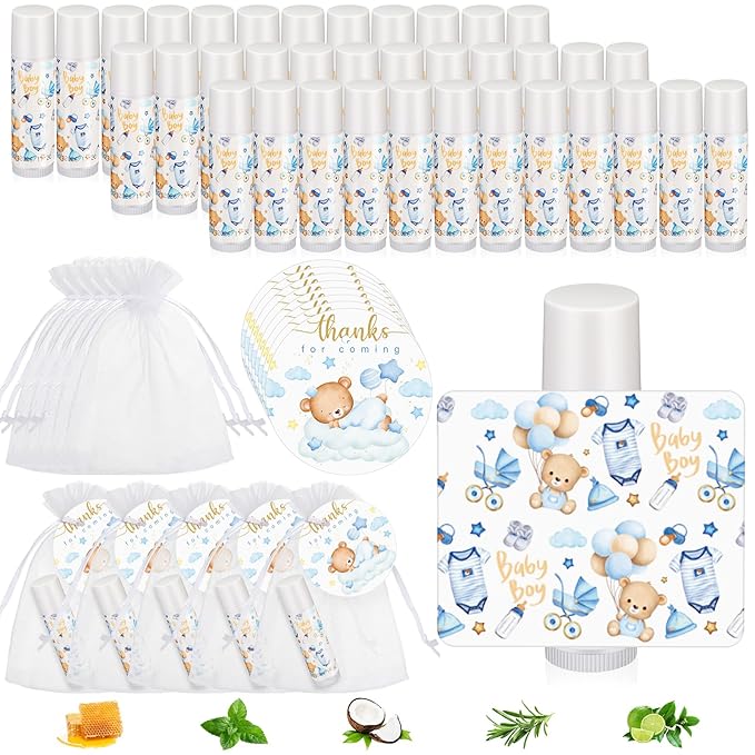Fumete 50 Pack Bear Baby Shower Party Gifts Favors Bulk Lip Balms for Guests Boys Girls Neutral Gender Reveal Favors for Baby Shower Prizes Souvenirs Bags Stuffer Classroom Prizes
