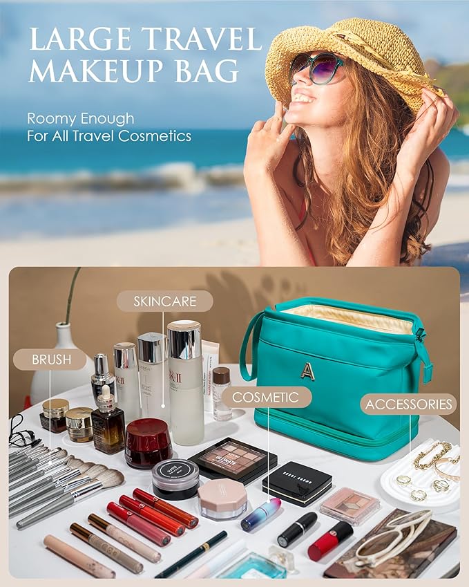 Daughter Birthday Gift for Her, Makeup Bags, Waterproof Double Layer Cosmetic Bag, Large Capacity PU Leather Makeup Bags Letter Travel Toiletry Bag, Initial Gifts for Coworkers