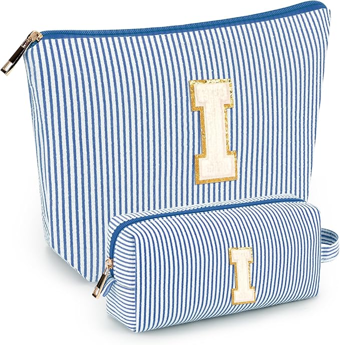 2 PCS Initial Makeup Bags for Women: Cosmetic Bag for Travel Toiletry - Birthday Gifts for 11 12 13 14 15 16 17 18 Years Old Girl Graduation Teacher Gift- Teen Girl Gifts Trendy Stuff - Blue I
