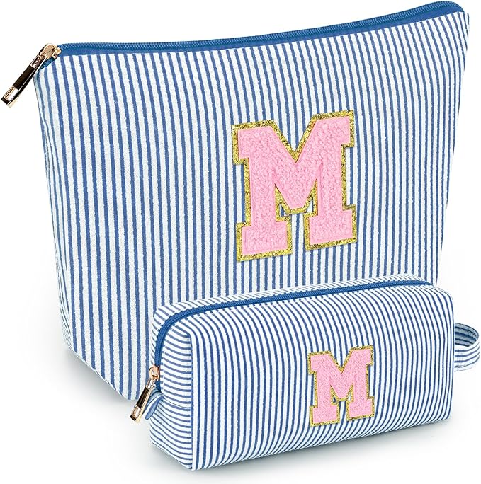 mibasies 2 PCS Initial Makeup Bags for Women: - Birthday Gifts for Teen Girls 11 12 13 14 15 16 Years Old - Preppy Trendy Stuff - Cosmetic Bag for Travel Toiletry - Blue M