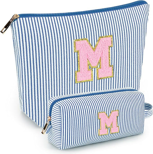 mibasies 2 PCS Initial Makeup Bags for Women: - Birthday Gifts for Teen Girls 11 12 13 14 15 16 Years Old - Preppy Trendy Stuff - Cosmetic Bag for Travel Toiletry - Blue M