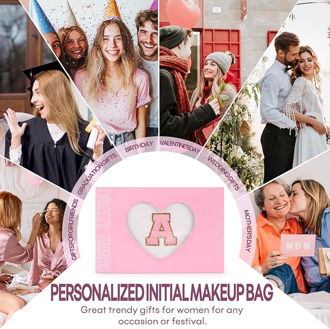 2 PCS Initial Makeup Bags for Women: Cosmetic Bag for Travel Toiletry - Birthday Gifts for 11 12 13 14 15 16 17 18 Years Old Girl Graduation Teacher Gift- Teen Girl Gifts Trendy Stuff - White A