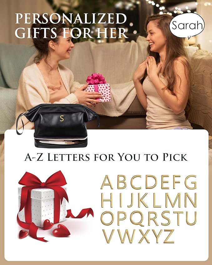 Birthday Gift Ideas, Gifts for Women, Initial Large Makeup Bag for Her, Travel Essentials, Girly Girl Stuff Cosmetic Bag with Makeup Brush Organizer, Gifts for Mothers Teens Girls