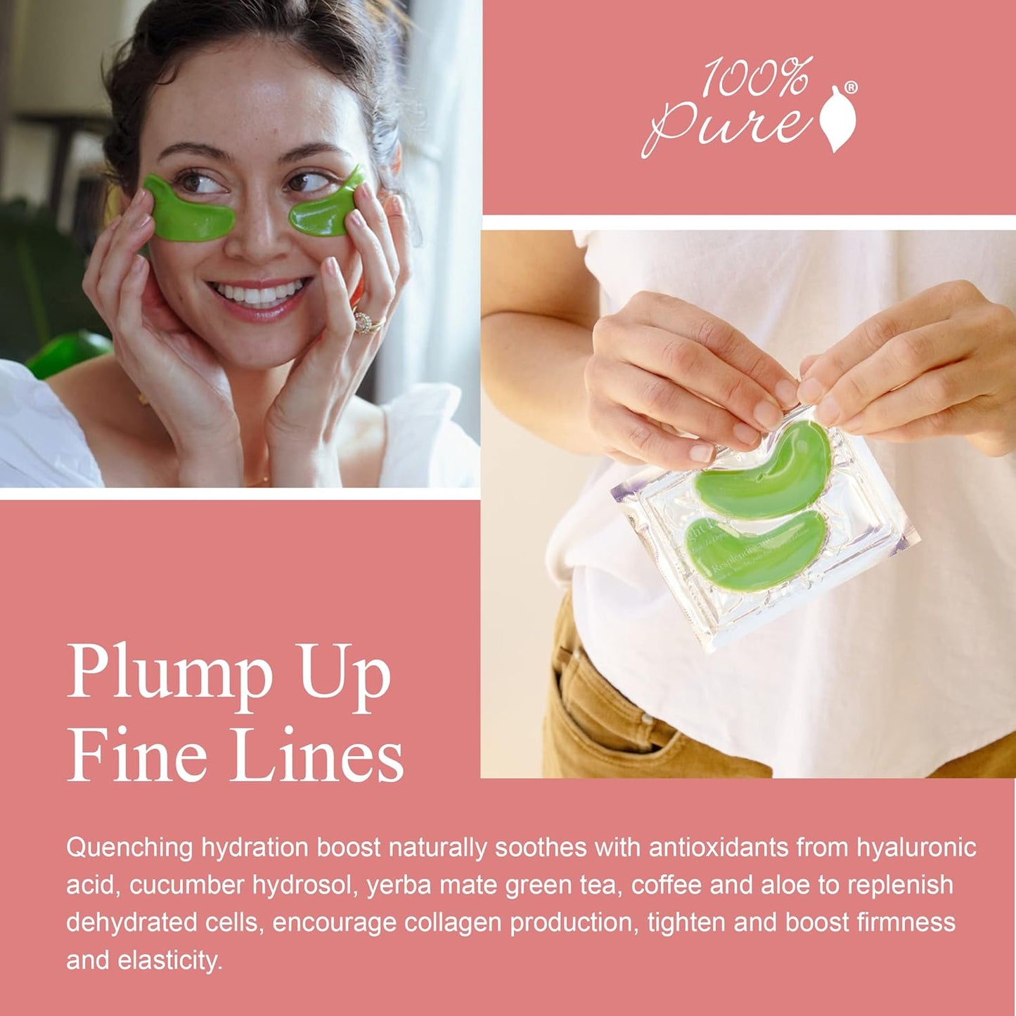 100% PURE Bright Eyes Masks Under Eye Skincare Wrinkle Smoothing Replenishment Diminish Dark Circles, Puffiness - Hydrating & Moisturizing Patches For Tired Eyes & Morning Bags - Vegan - 1 Pack