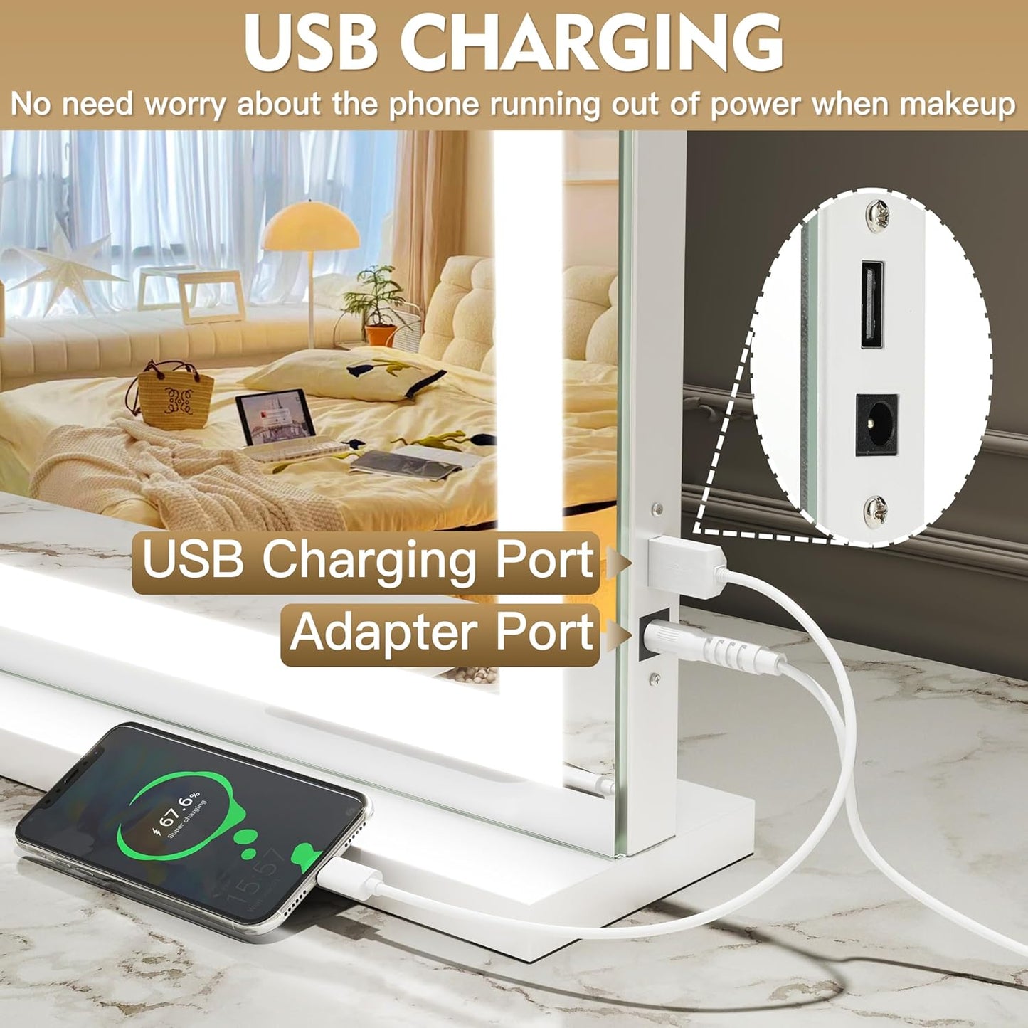 Vanity Mirror with Lights, 32" x 22" Large Lighted Vanity Mirror with Dimmable 3 Modes, LED Makeup Mirror, USB Charging Port, Tabletop or Wall-Mounted Square White