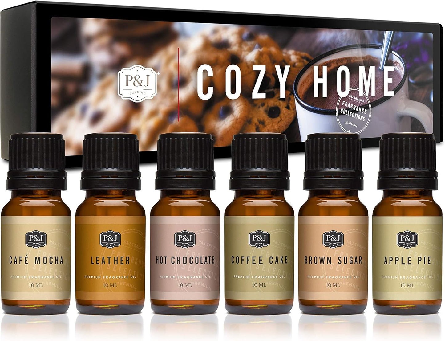 P&J Trading Cozy Home Set of 6 Fragrance Oils - Brown Sugar, Apple Pie, Coffee Cake, Café Mocha, Leather, Hot Chocolate Scented Oils for Candle Scents, Soap Making, Diffuser Oil