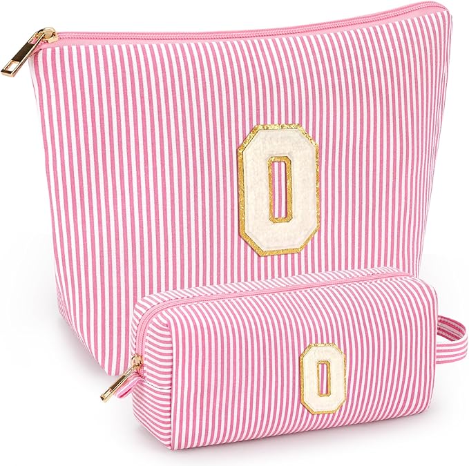 2 PCS Initial Makeup Bags for Women: Cosmetic Bag for Travel Toiletry - Birthday Gifts for 11 12 13 14 15 16 17 18 Years Old Girl Graduation Teacher Gift- Teen Girl Gifts Trendy Stuff - Pink O