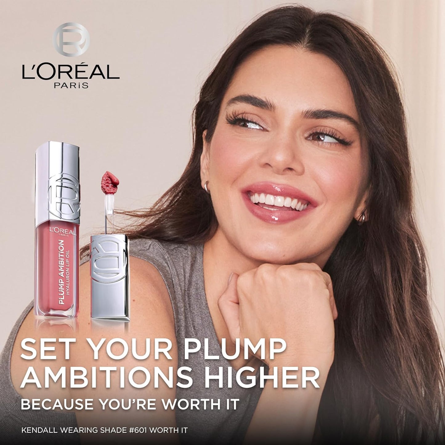 L'Oreal Paris Plump Ambition Hyaluron Lip Oil, 24 HR Lip Gloss with Hyaluronic Acid, Volumizing Formula with Glass-Like Shine, Milky Nu 201, 0.16 Fl Oz