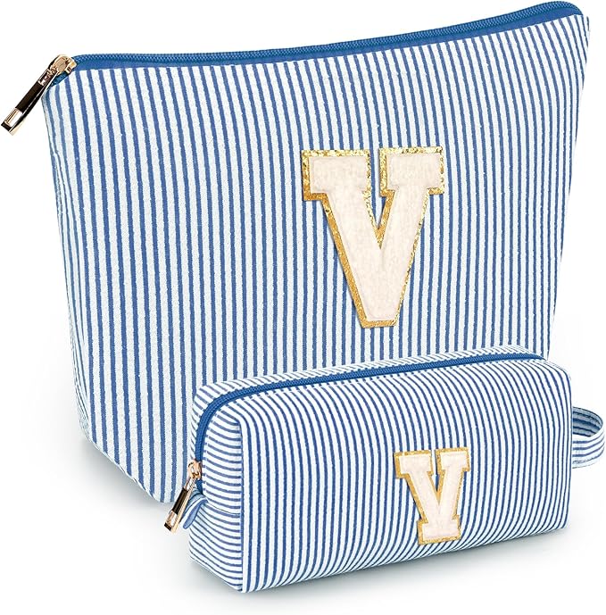 2 PCS Initial Makeup Bags for Women: Cosmetic Bag for Travel Toiletry - Birthday Gifts for 11 12 13 14 15 16 17 18 Years Old Girl Graduation Teacher Gift- Teen Girl Gifts Trendy Stuff - Blue V