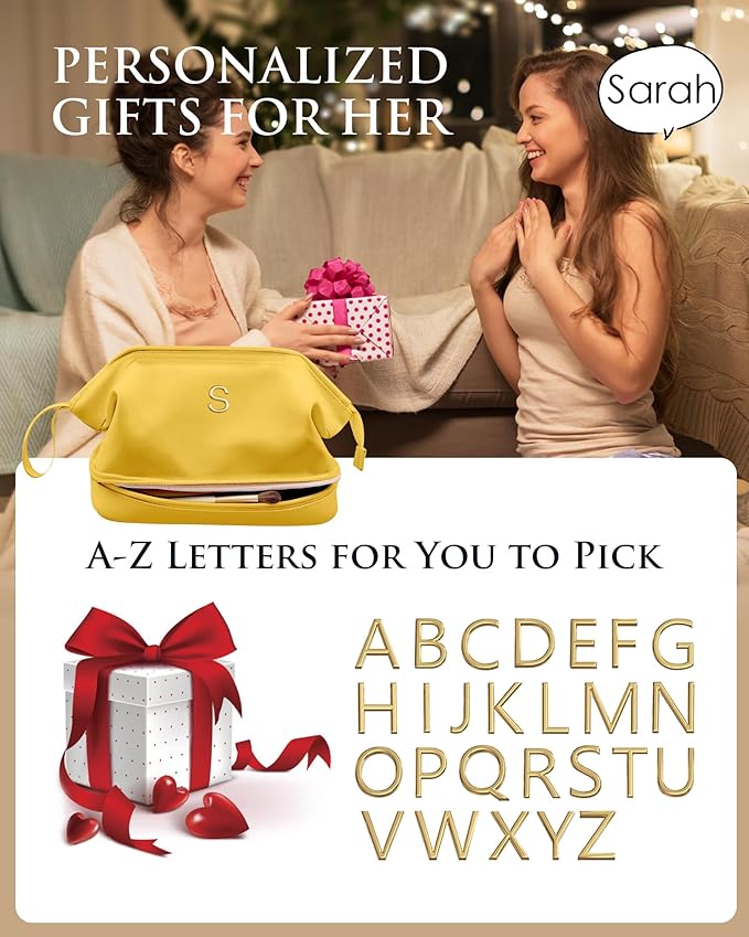 Gifts for Teen Girls 14-16, Initial Makeup Bag, Travel Gifts, Personalized Bags, Waterproof Double Layer Cosmetic Bag, Large Capacity PU Leather Makeup Bags Letter Travel Toiletry Bag